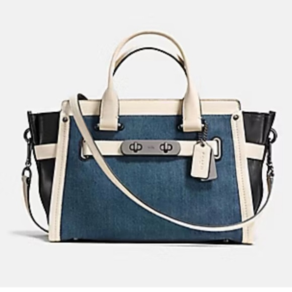 Coach Denim Swagger With Chalk White Leather Trim Satchel - Picture 2 of 13